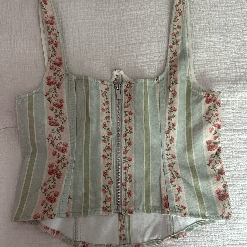 WeWoreWhat Cream and Pink Floral Striped Corset Top - Picture 3 of 4